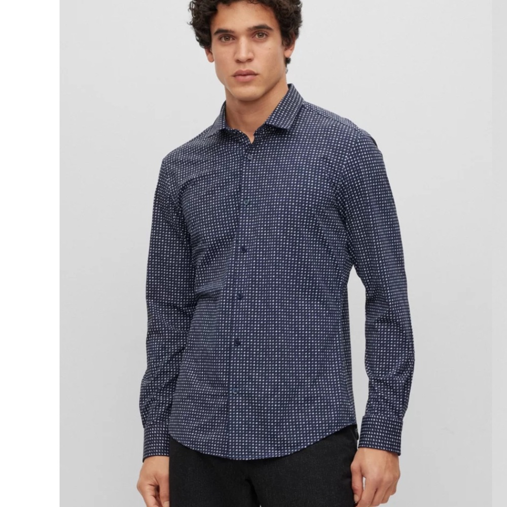 Boss Navy Blue Print Slim Fit Long Sleeve Stretch Jersey Button Down Shirt M NWT